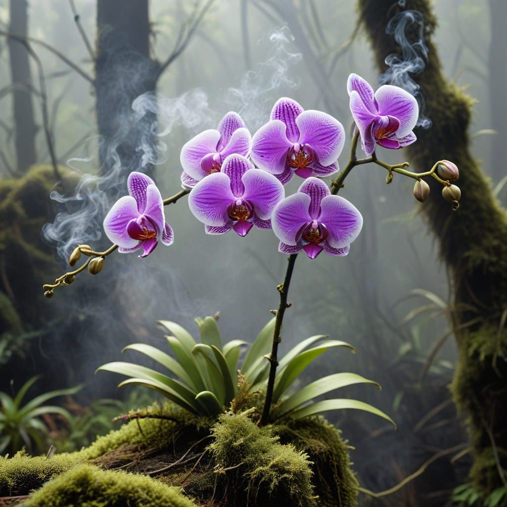 Orchid and Mossy Branch with Smoke Wisps