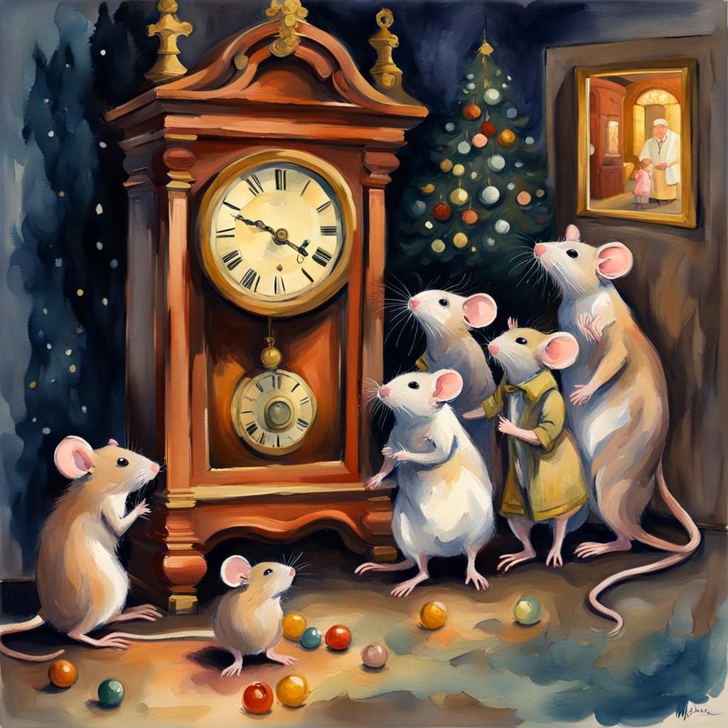Mice Family Await Midnight: Gouache Watercolor Painting