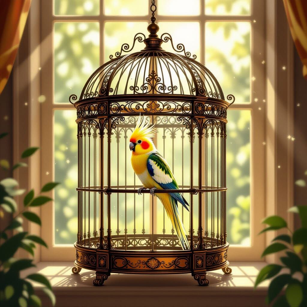 Ornate Antique Birdcage with Cockatiel in Neoclassical Inter...