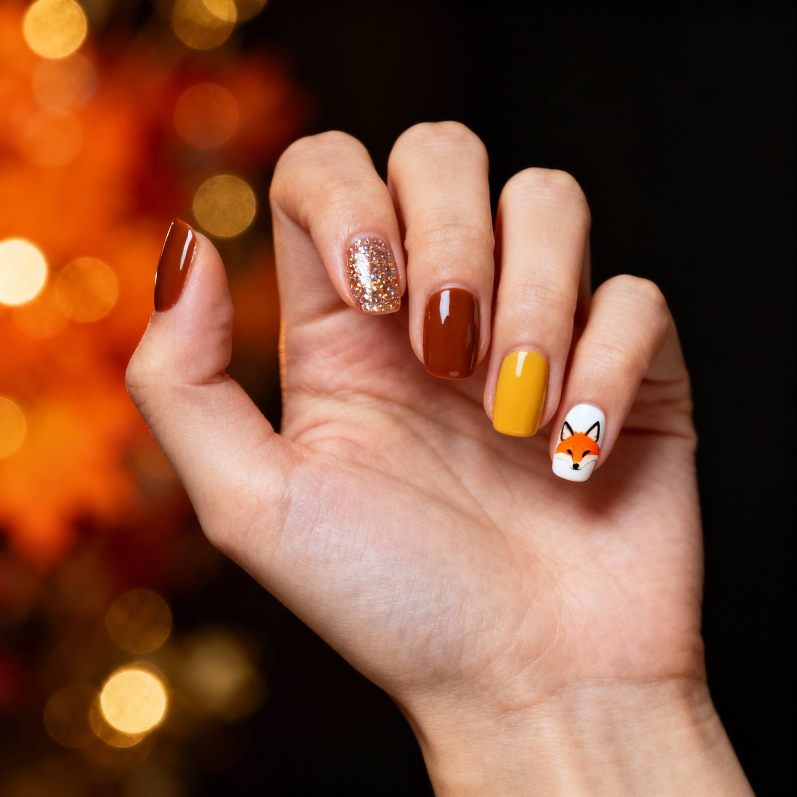 Realistic Female Hand with Autumn Nail Art