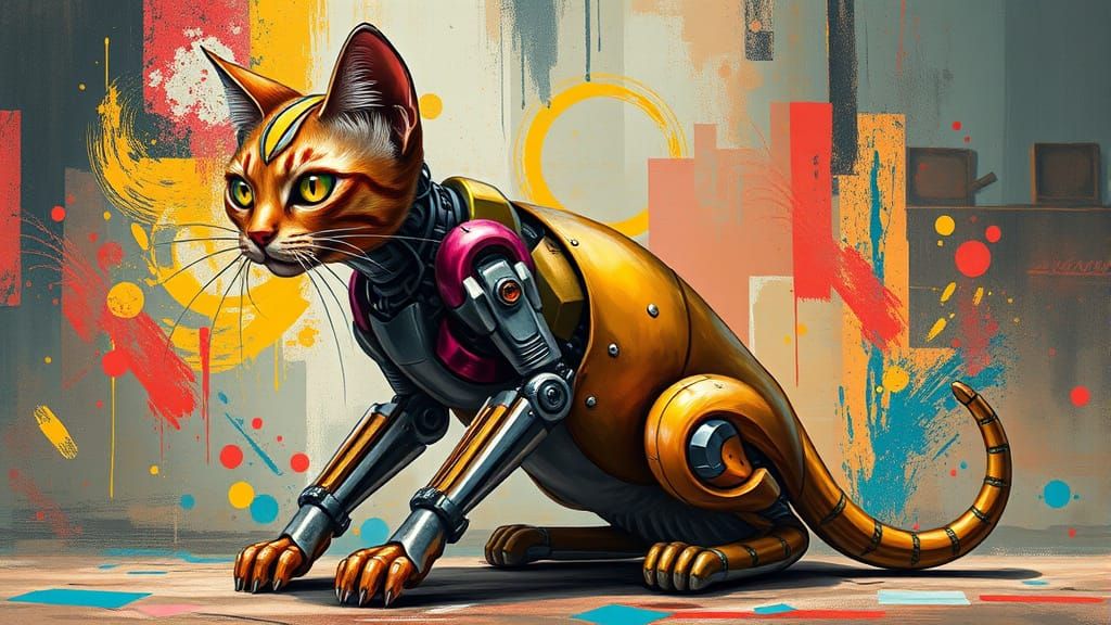 Biomechanical Cat in Comic Book Art Style