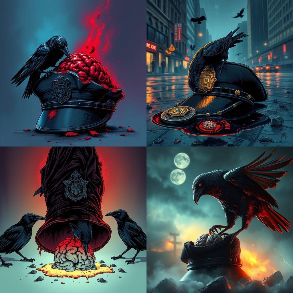 Macabre Crow Feasts on Cop's Hat in a Vibrant, Detailed Nigh...