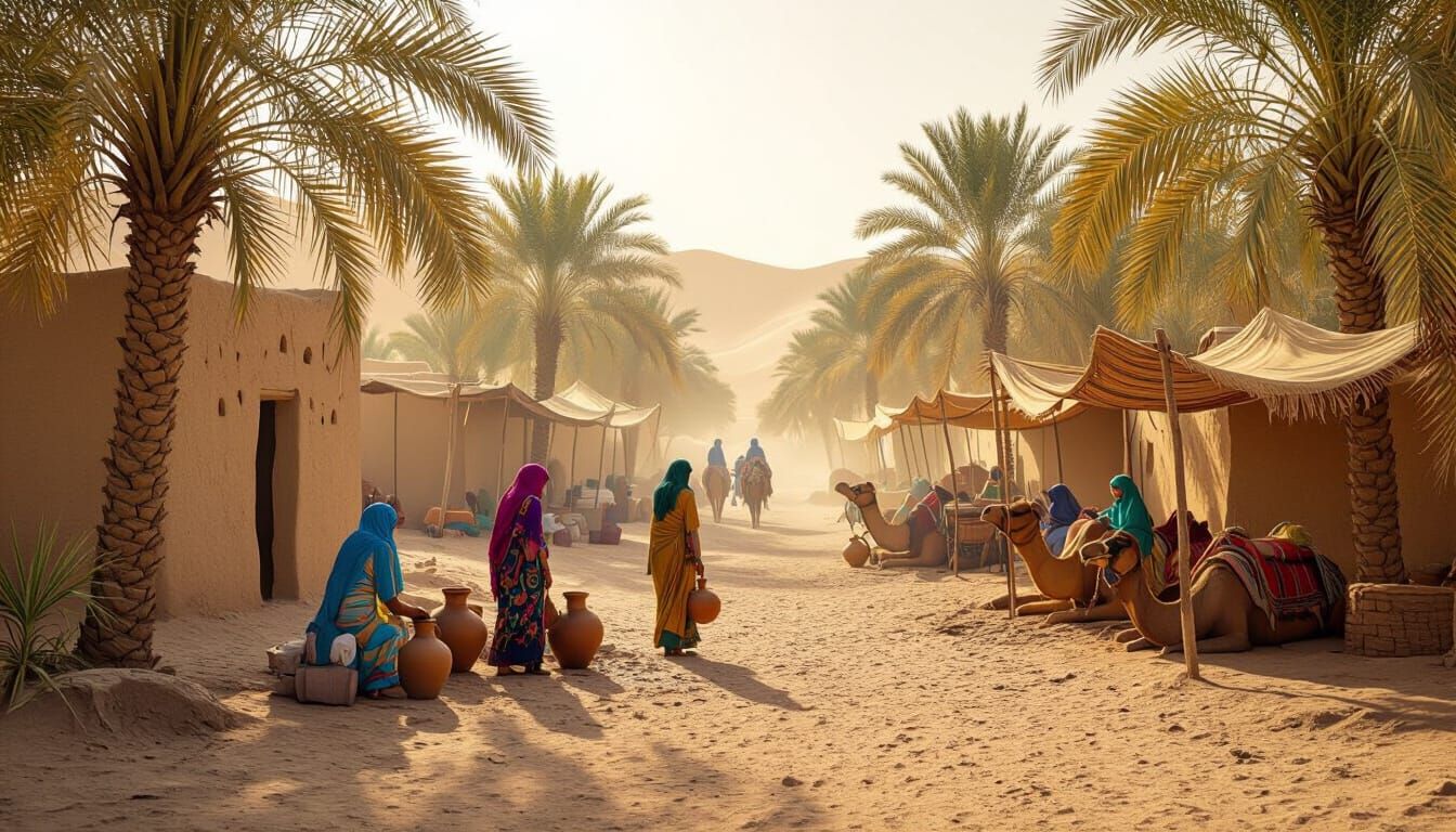 Desert Oasis: A Mud-Brick Village Scene