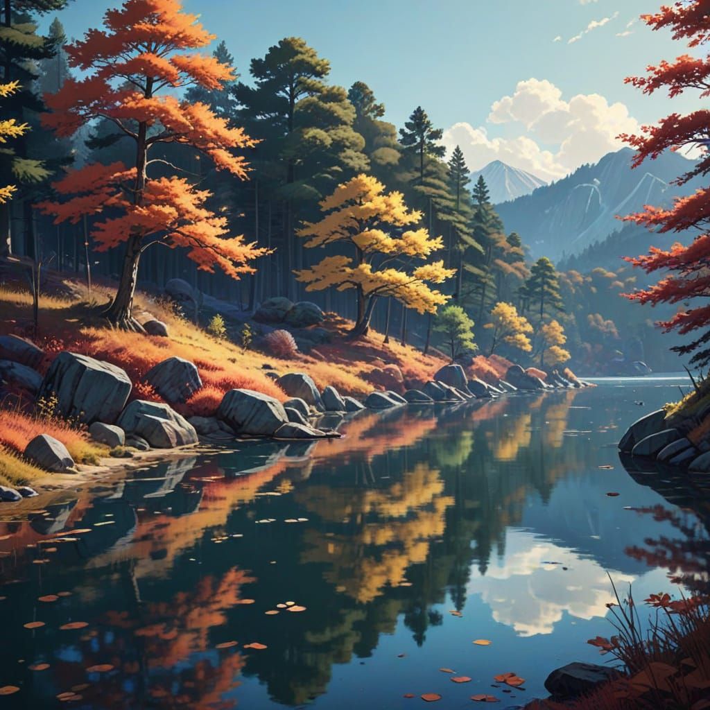 Autumn Lake in Vibrant Cel-Shaded Style
