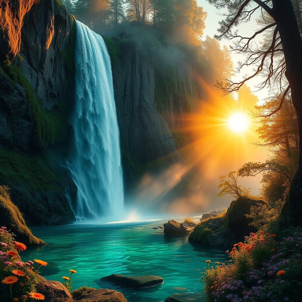 Majestic Waterfall Digital Painting with Golden Sunrise