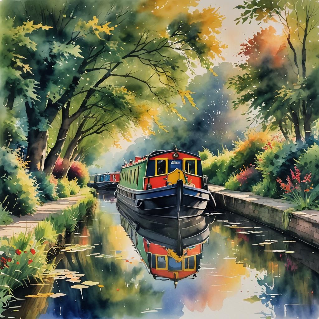 Watercolor Narrowboat on Canal at Sunrise