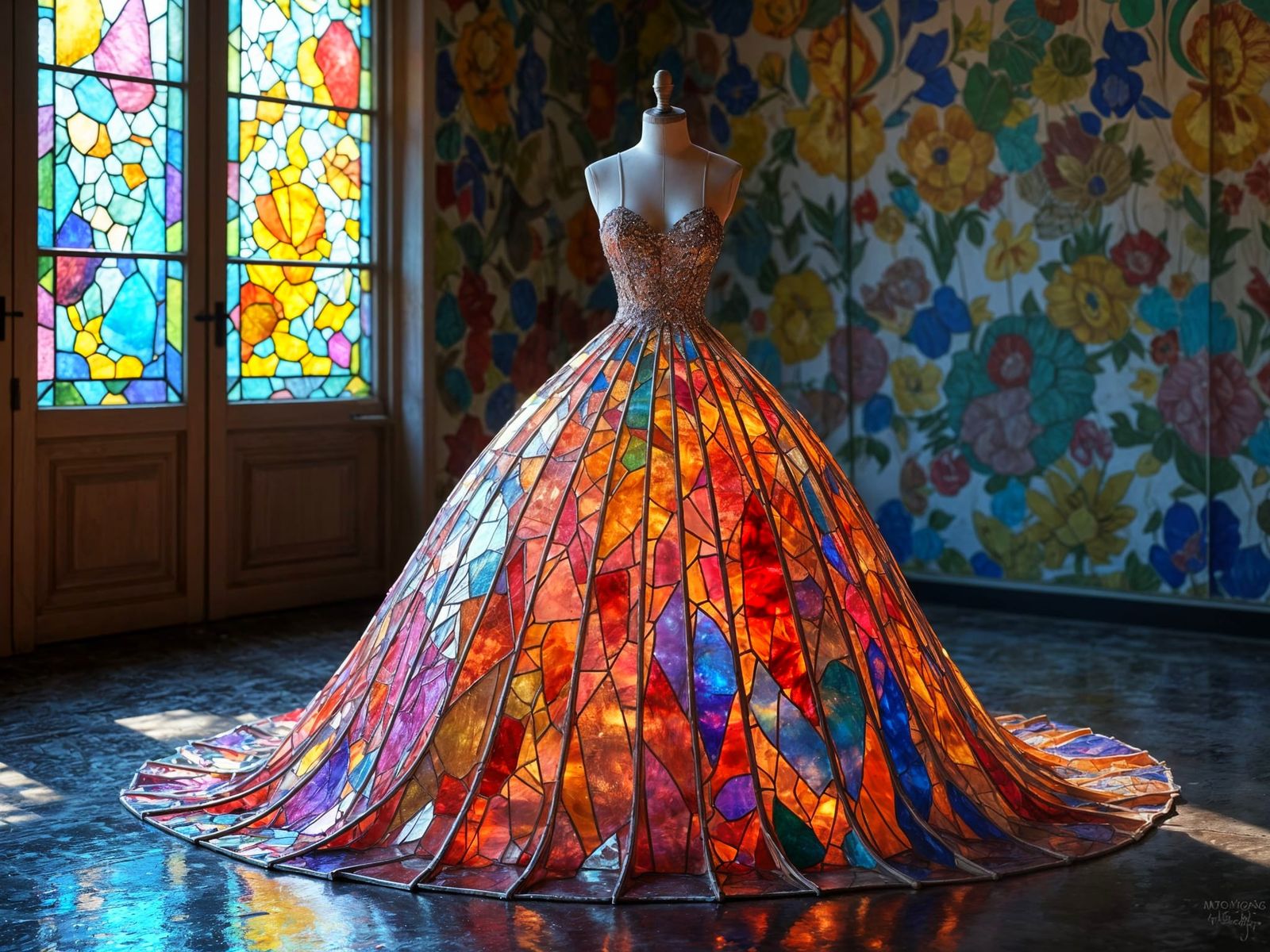 Vibrant Stained Glass Ballgown in a Street Art Setting