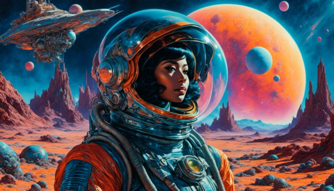 Female Space Explorer in Synthwave Watercolor Style