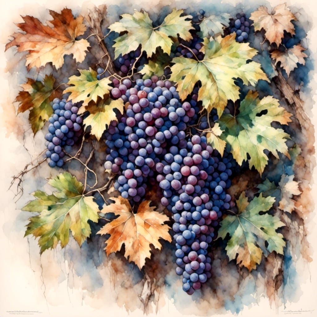 Hyperdetailed Colored Sketch of Zinfandel Grapes