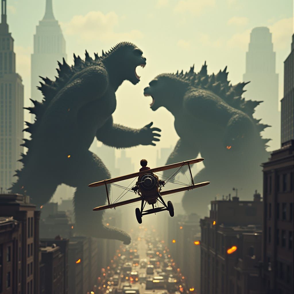 Epic Battle of King Kong and Godzilla: Vintage Aeroplane Aer...