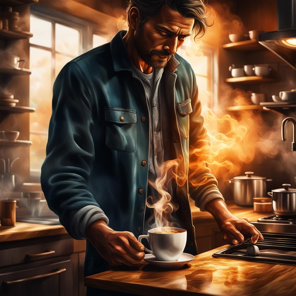 Man Drinking Coffee: Hyper-Realistic Digital Art