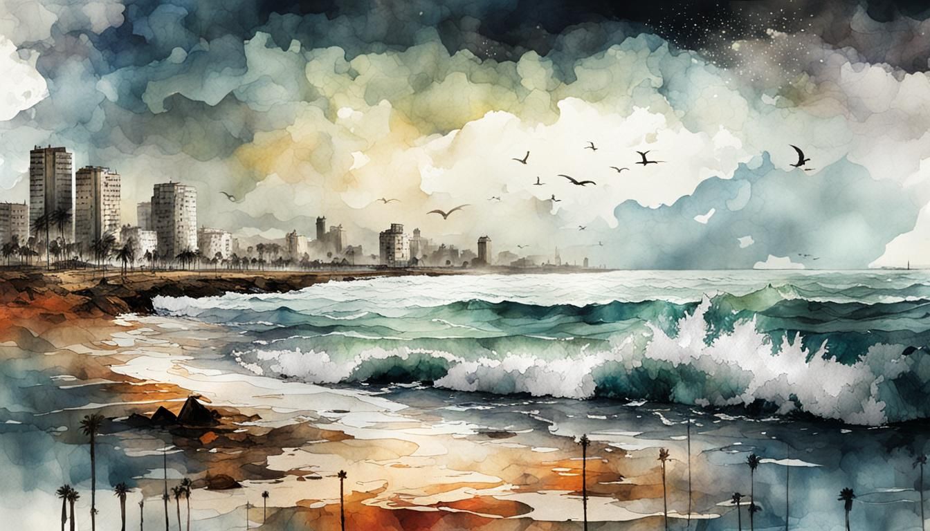 Tel Aviv Coastline Storm in Watercolor Style