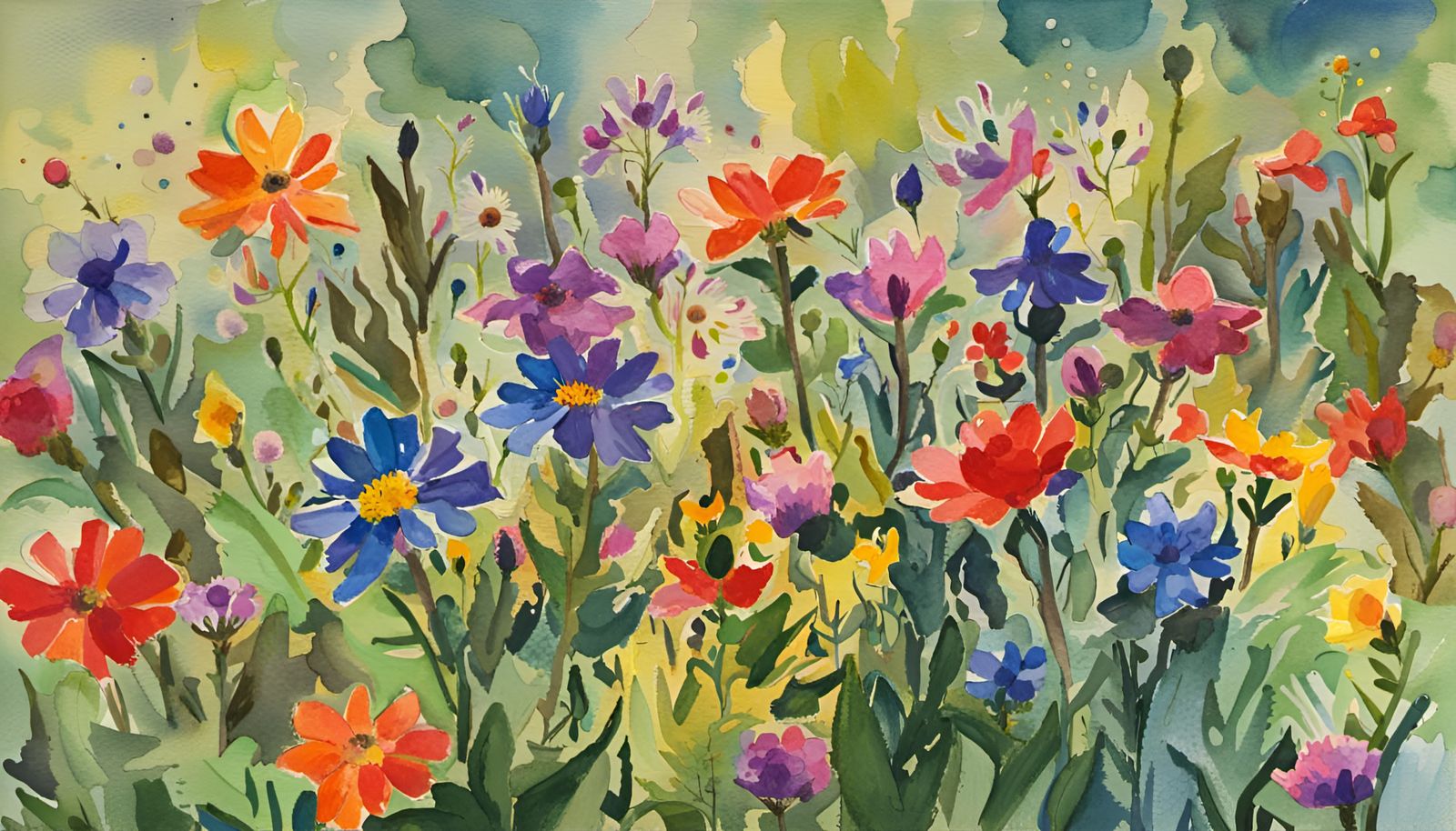 Vibrant Watercolor Wildflower Field in Gouache Style