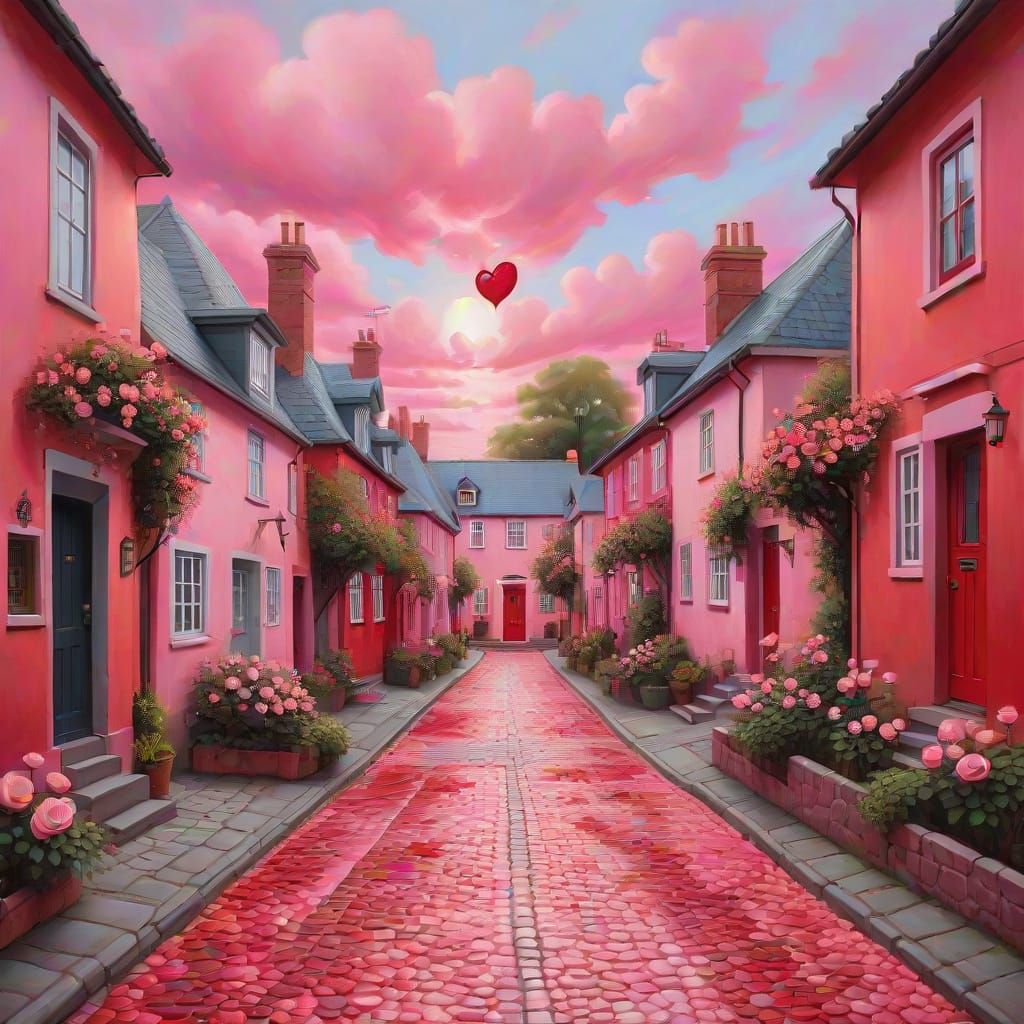 Vibrant Pink Neighbourhood Scene in Oil Painting Style