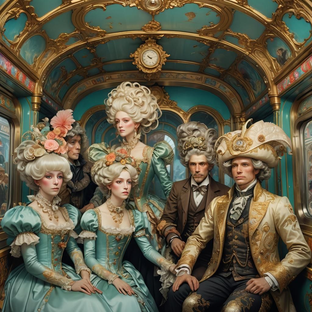 Rococo Subway Car Passengers in Hyperrealistic Style