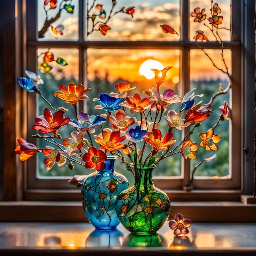 Enamel Glass Flowers with Elf Maiden Figurine