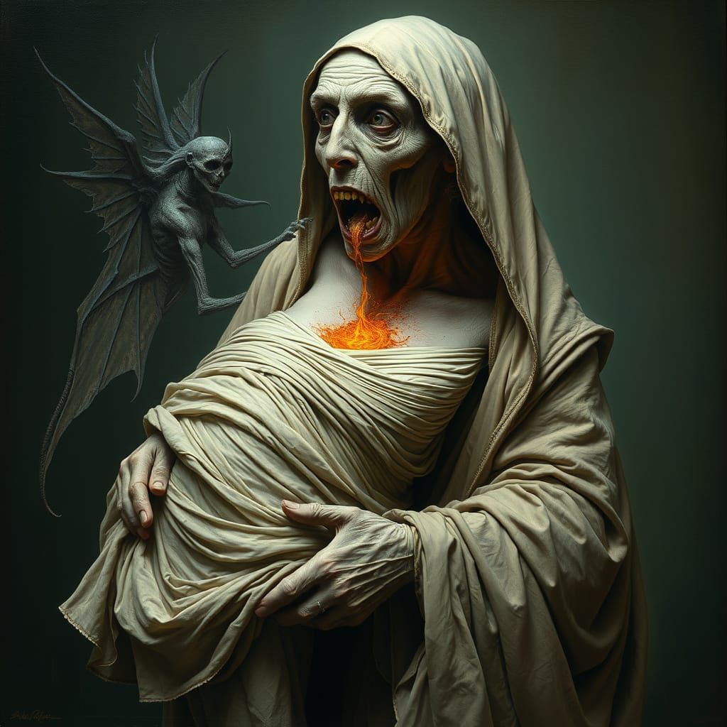 Eerie Life Drain Scene in Dark Surrealism Style