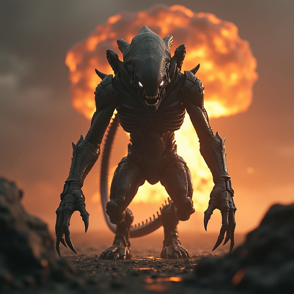 Gritty, Cyberpunk Alien in Post-Apocalyptic Ruins