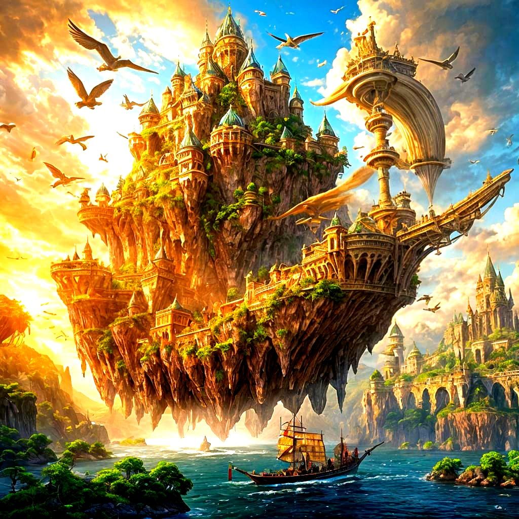 Epic Fantasy Landscape with Floating Islands and Flying Ship