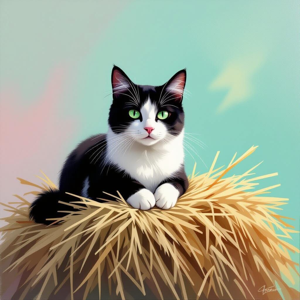 Cat on Haystack: Minimalist Dreamscape Painting