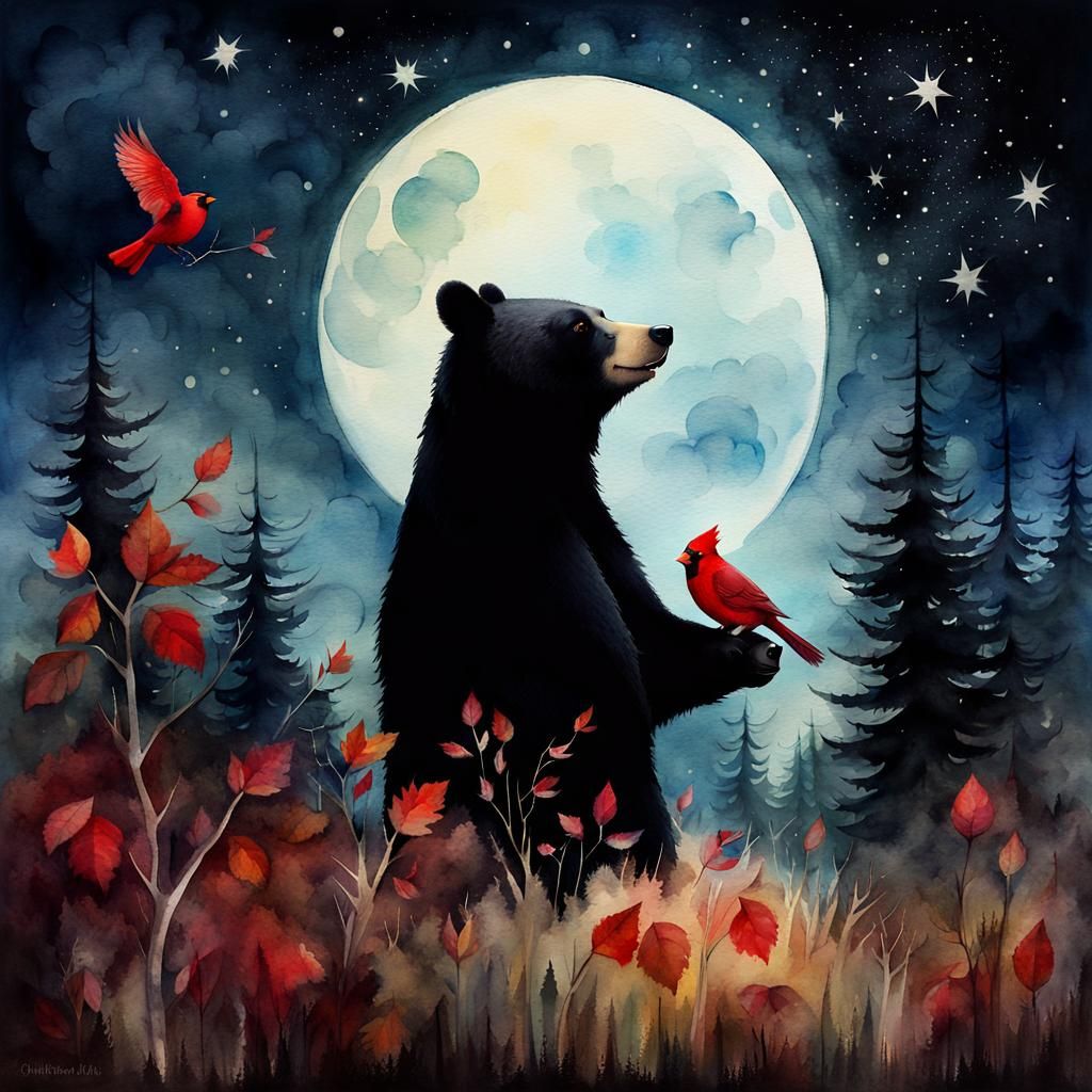 Dreamy Watercolor Bear and Cardinal in Enchanted Forest