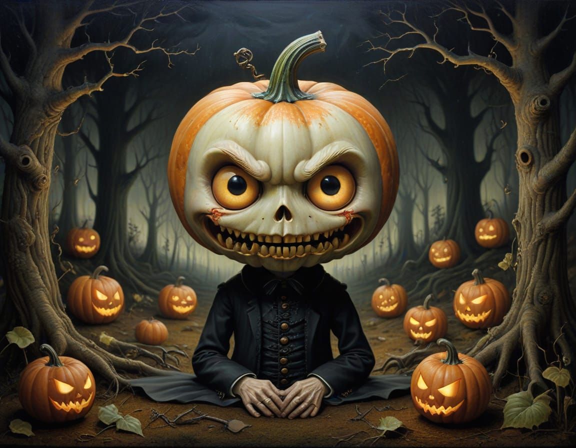 Angry Pumpkin Portrait in Pop-Surrealist Style