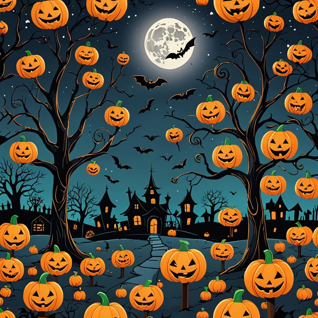 Halloween Night: Jack-o'-Lanterns, Moon, and Spooky Graveyar...