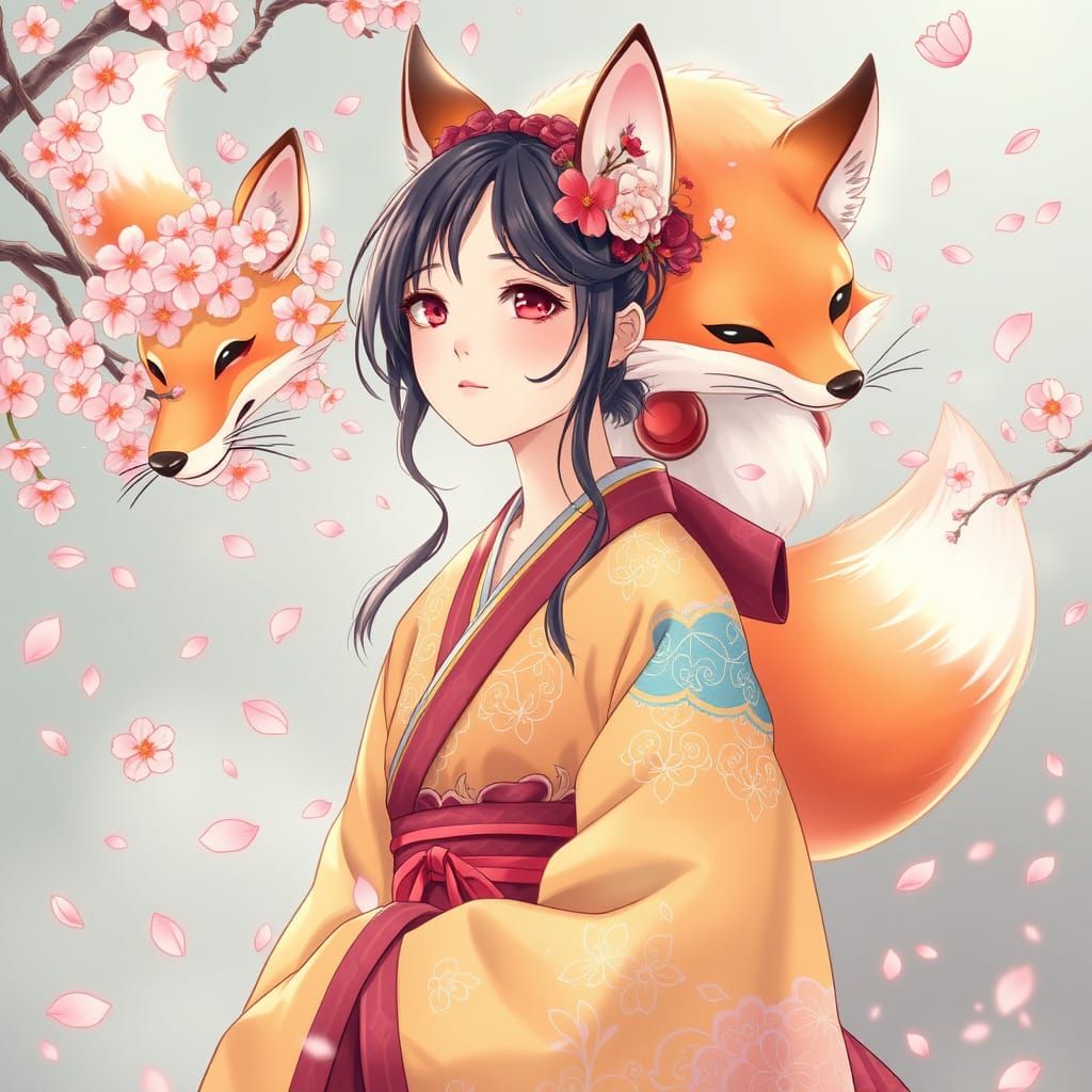 Mystical Fox Girl in Anime Style with Hanbok