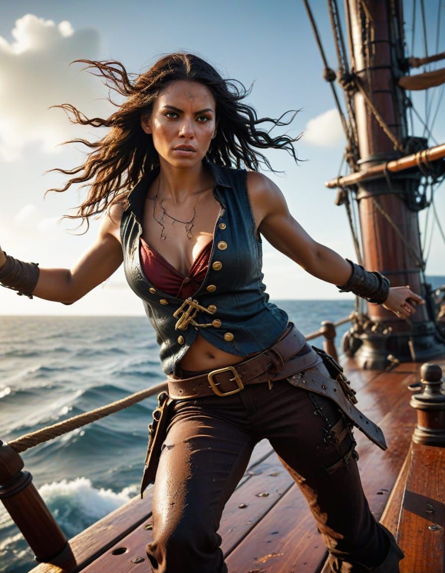 Caribbean Pirate Woman Storms Galleon Deck