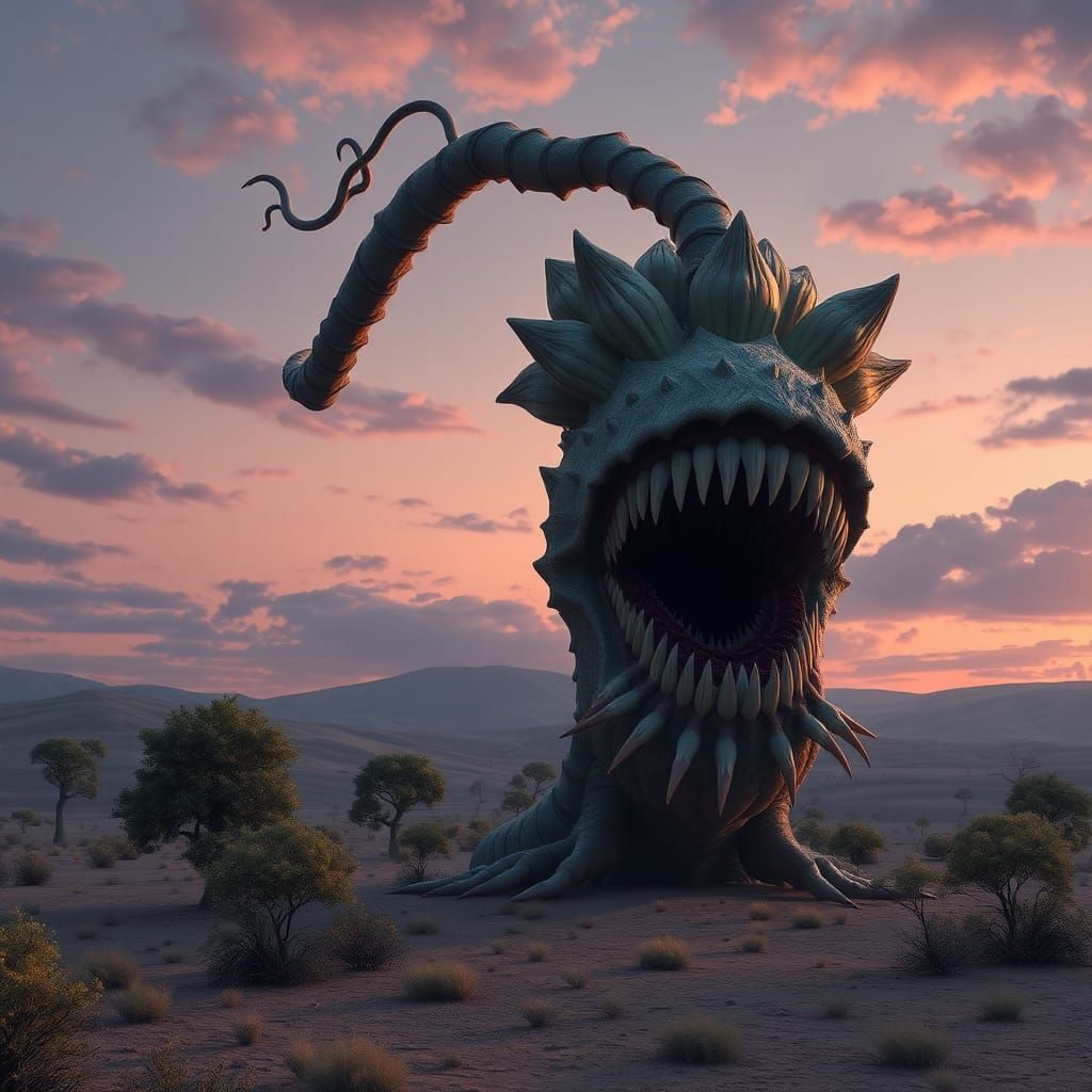 Carnivorous Flower in Steppe Landscape, Anime Style