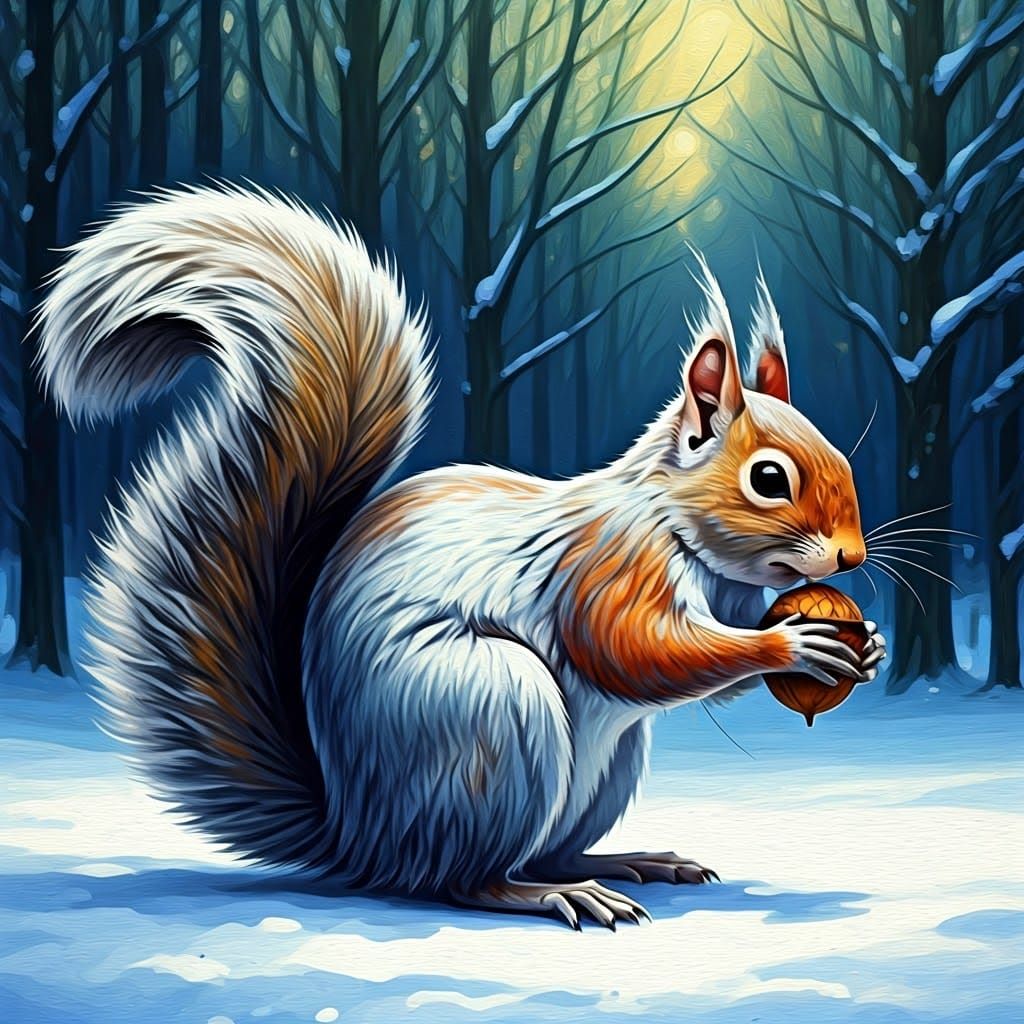 /imagine prompt: A silver squirrel delicately carrying a nut, set in a dreamy winter landscape, painted in the style of ...