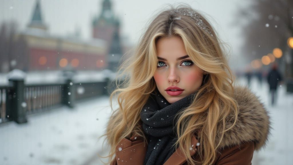 Blonde Woman in Moscow Winter Fur Hood Near Kremlin