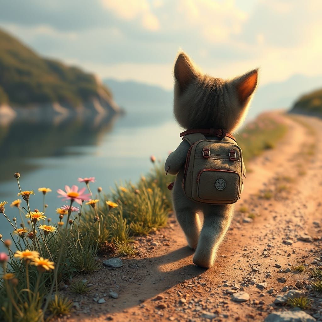 Cute Kitten's Backpack Adventure in Atmospheric Landscape