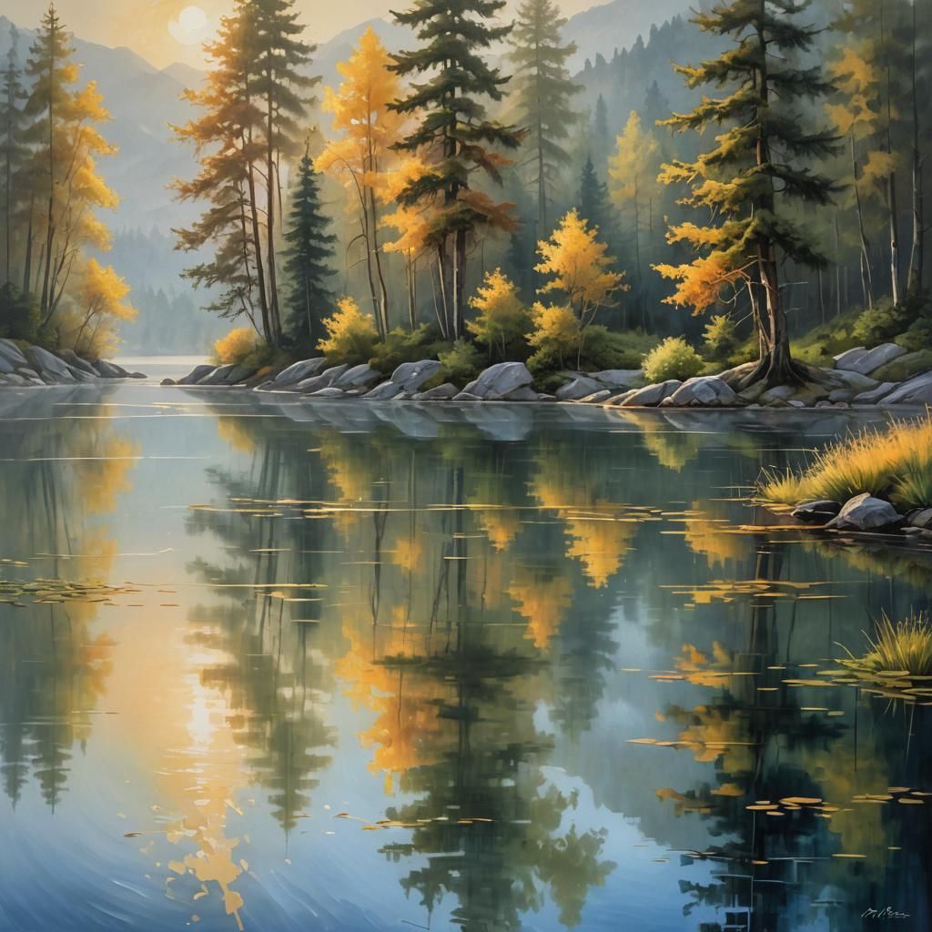 Serene Mountain Lake Oil Painting at Dawn