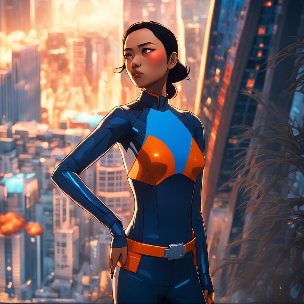 Confident Filipina Superheroine in Gritty Anime Style