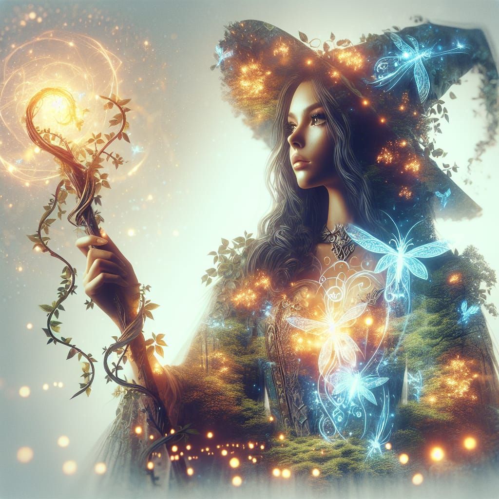 Enchanted Forest Double Exposure with South Asian Wizard
