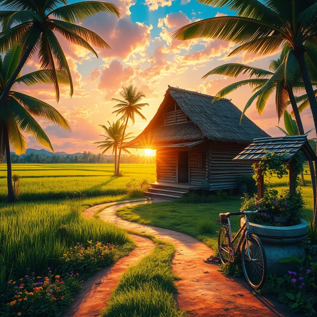 A serene and picturesque scene of a rustic, old wooden house surrounded by lush nature, with green coconut and banana tr...
