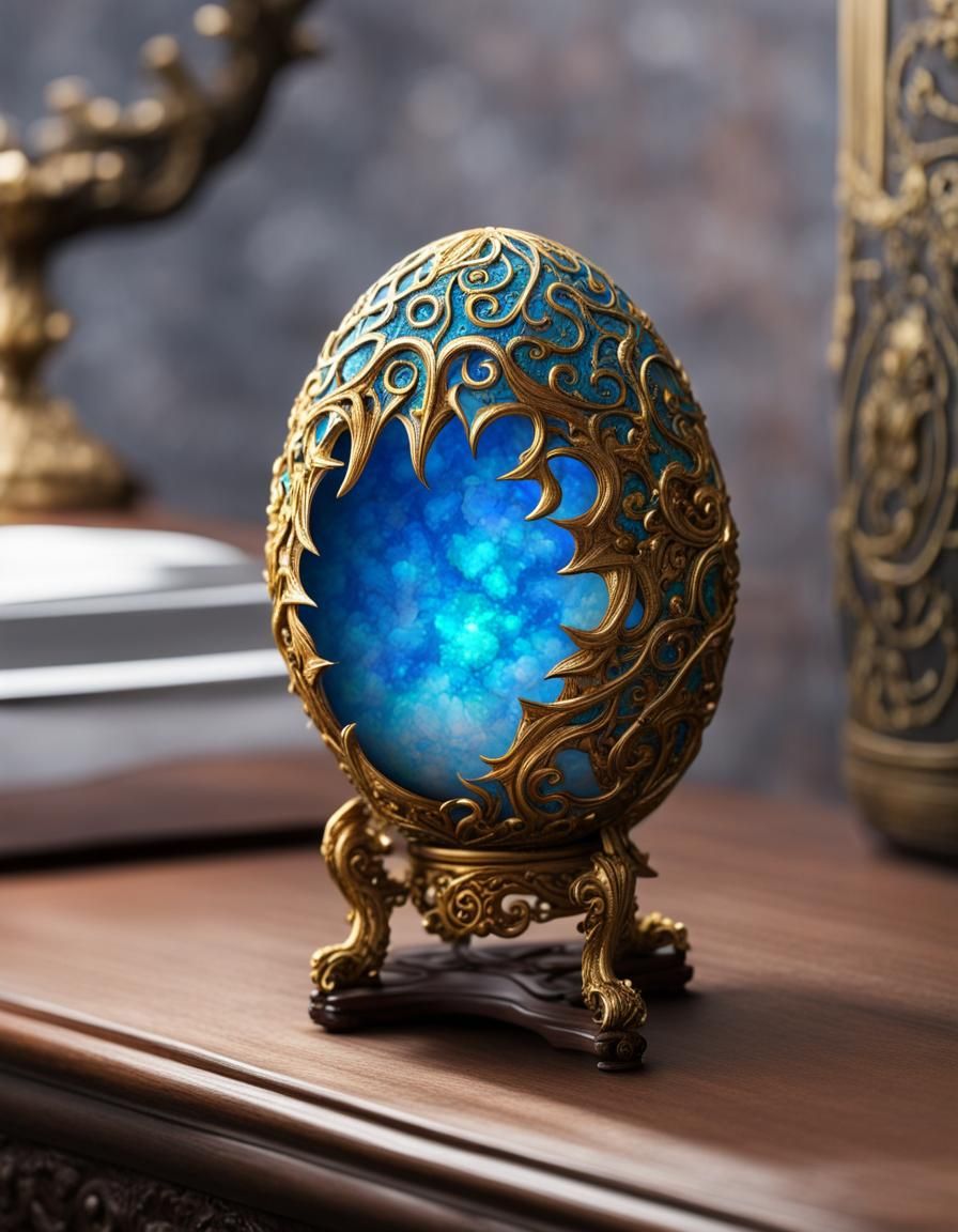 Blue Fire Opal Dragon Egg with Gold Filigree