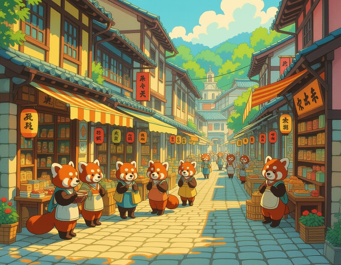 Whimsical Red Panda City Street Scene in Ghibli Style