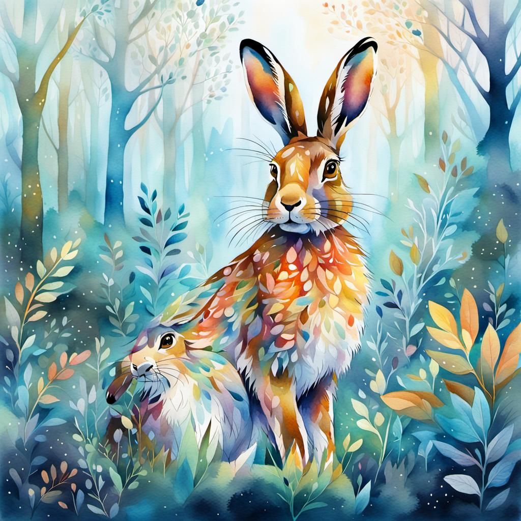 Whimsical Hare in Watercolour-Inspired Digital Painting