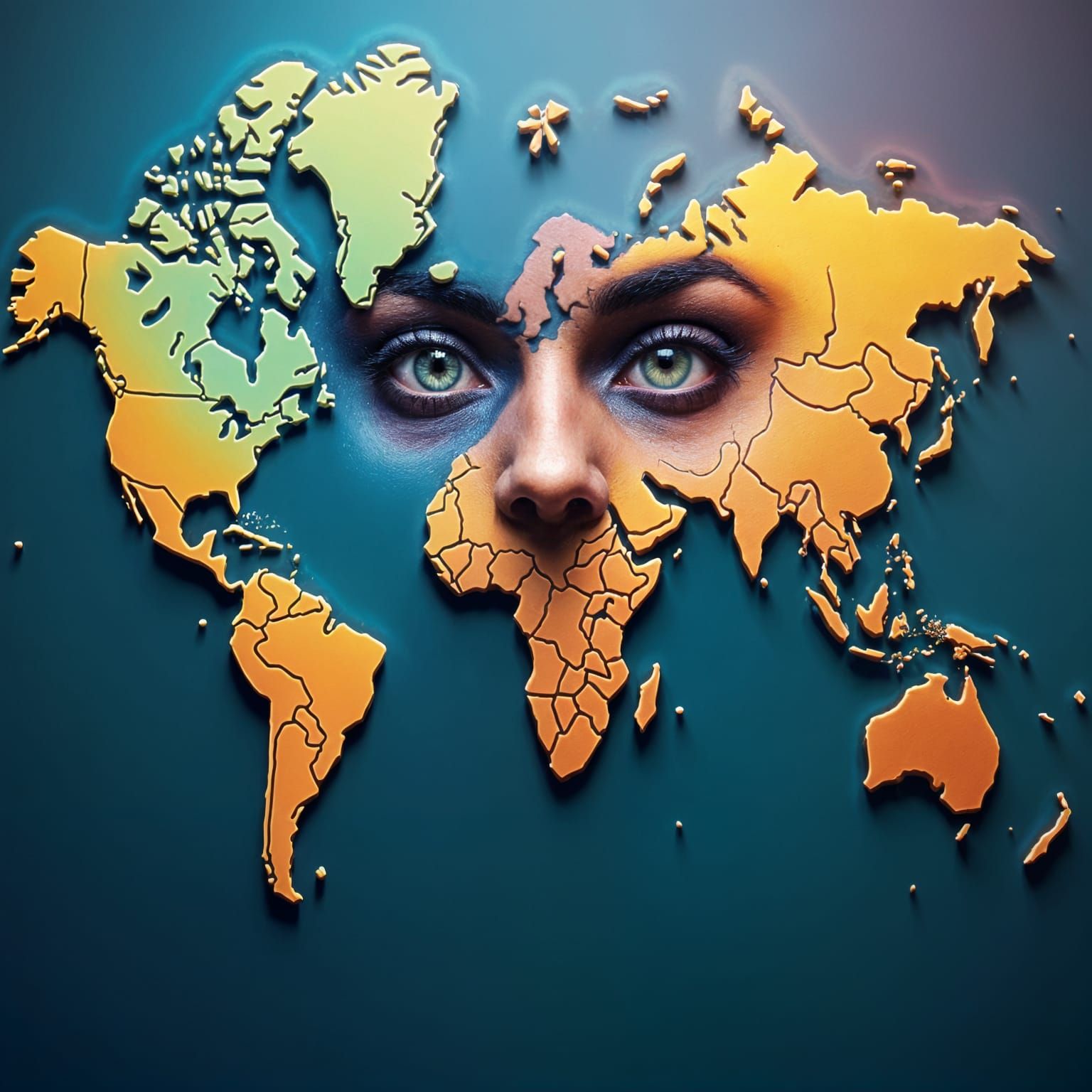 Face Behind World Map in Detailed Matte Painting