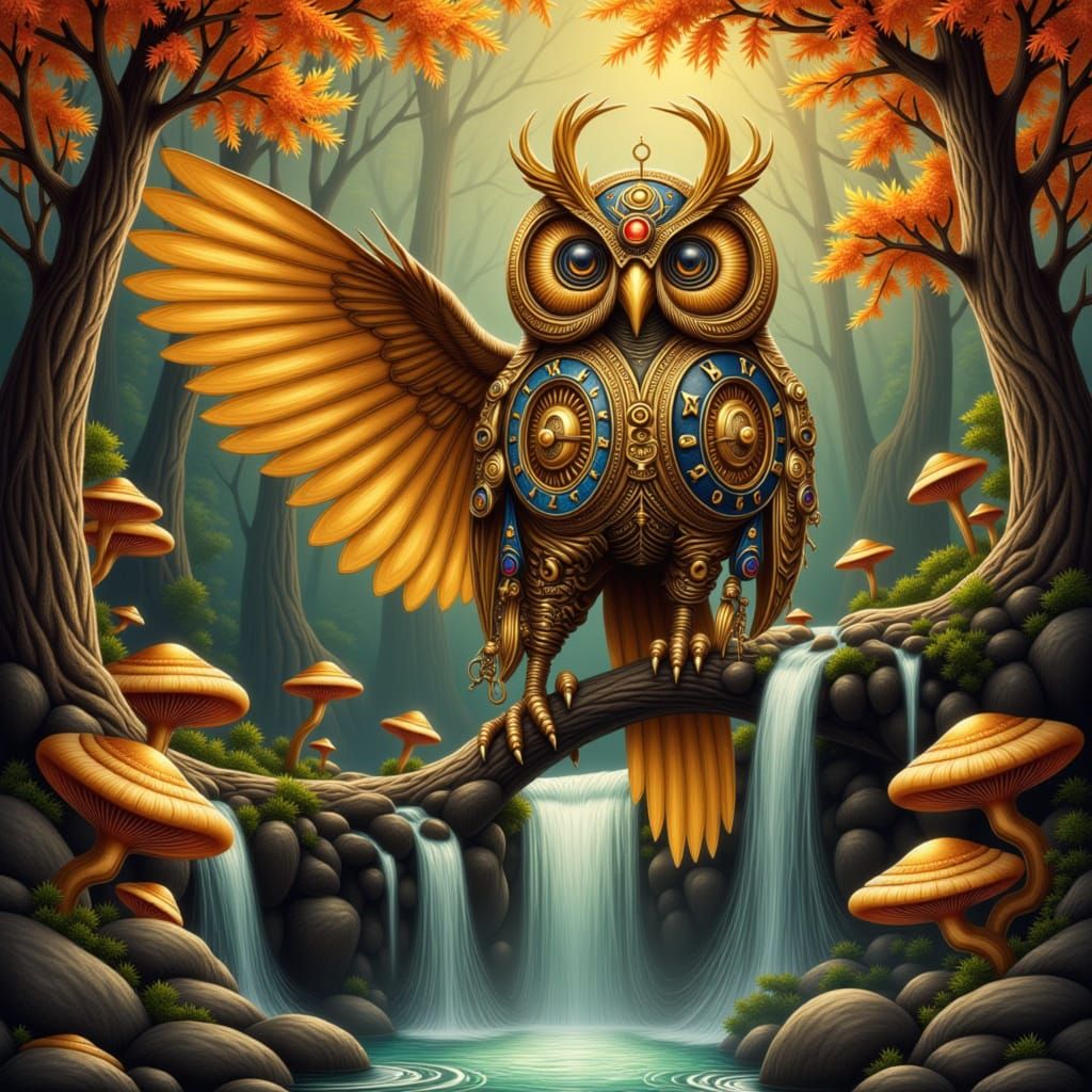 Clockwork Owl by Crystal Mushroom Waterfall in Autumn