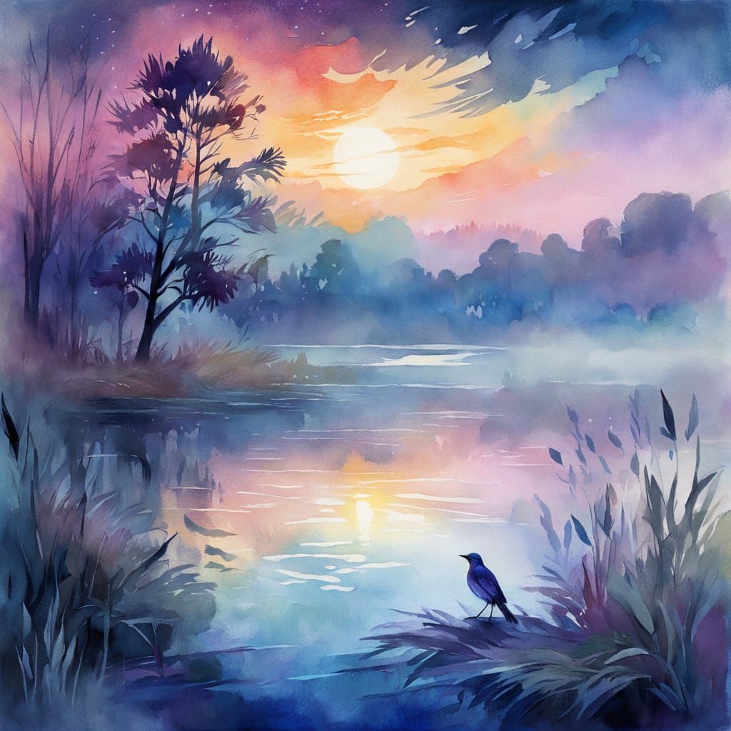 Ethereal Nightingale in Fauvist Watercolor Landscape