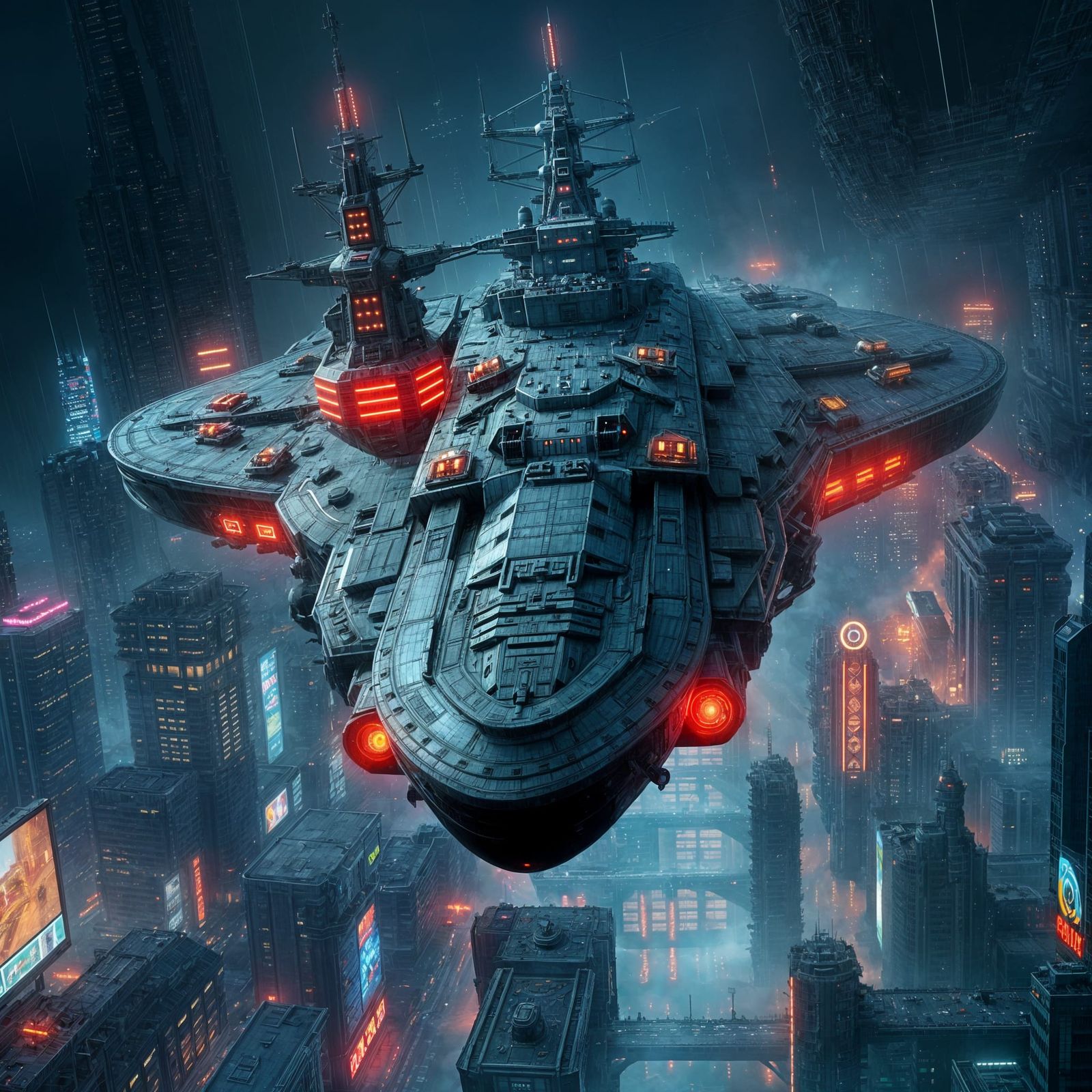 Surreal Cyberpunk Airship Battleship Convergence in Dark, Dy...