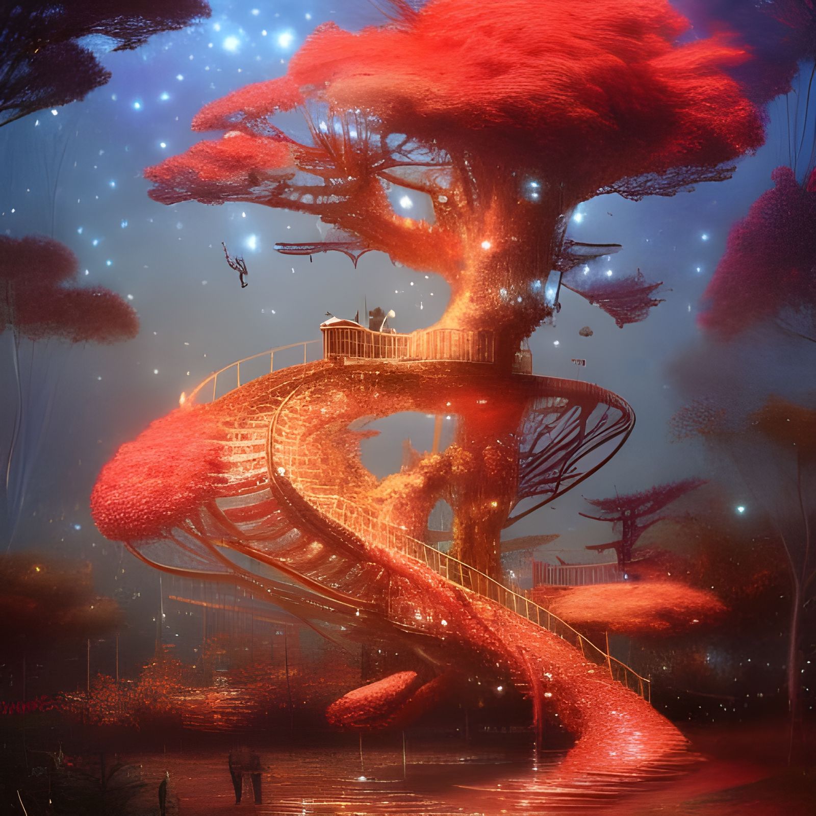 Red Treehouse with Galaxy Stars, Hyperdetailed Artwork