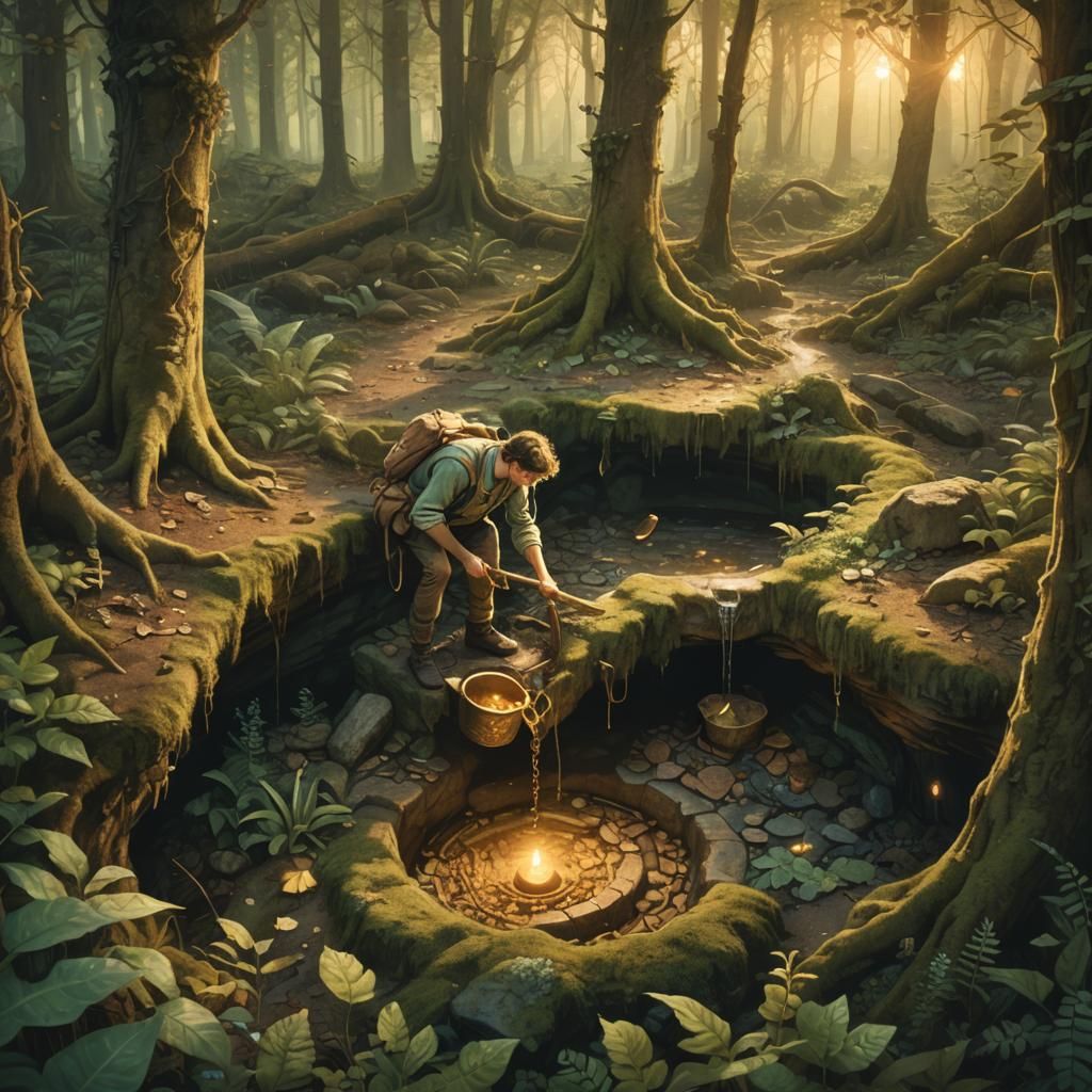 Mystical Treasure Hunt in Dreamy Forest Illustration