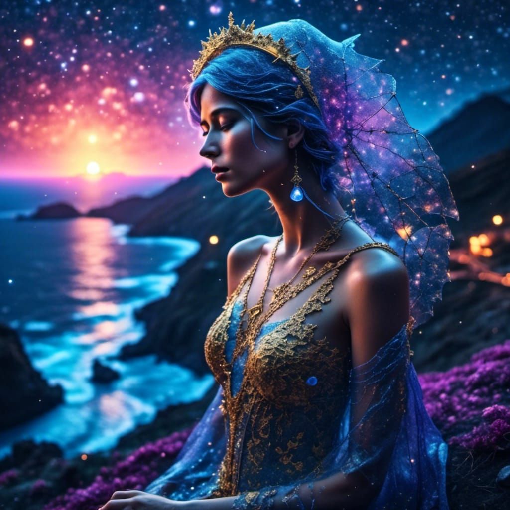 Fantasy Seashore Night with Twinkling Stars