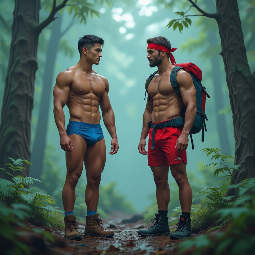 Hikers in Misty Forest: Hyperrealistic Concept Art