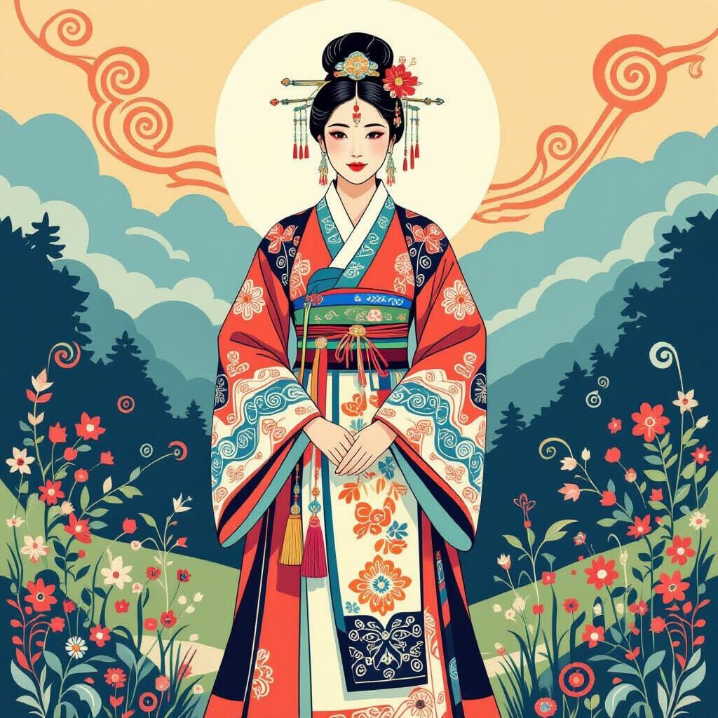 Korean Shaman in Traditional Dress with Abstract Shapes