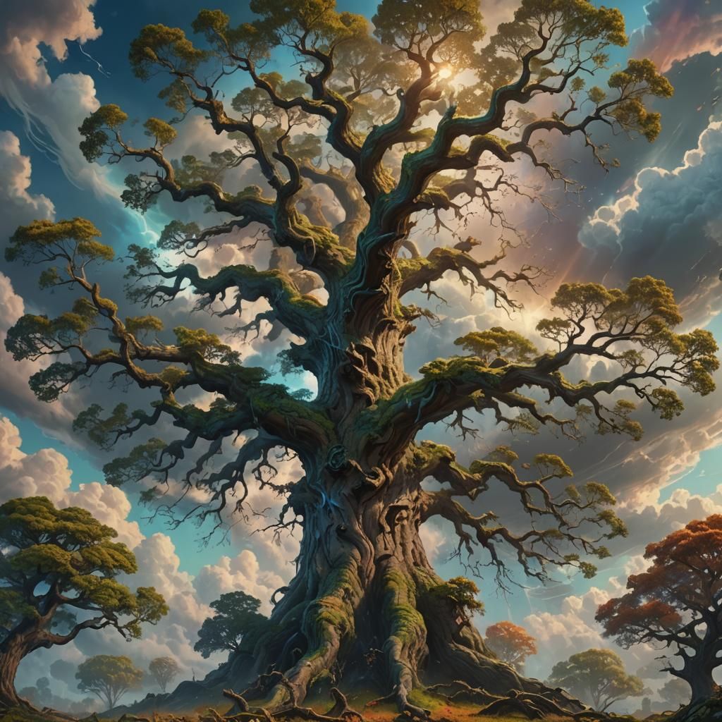 Giant Oak Tree Pierces Clouds in Oil Painting Style